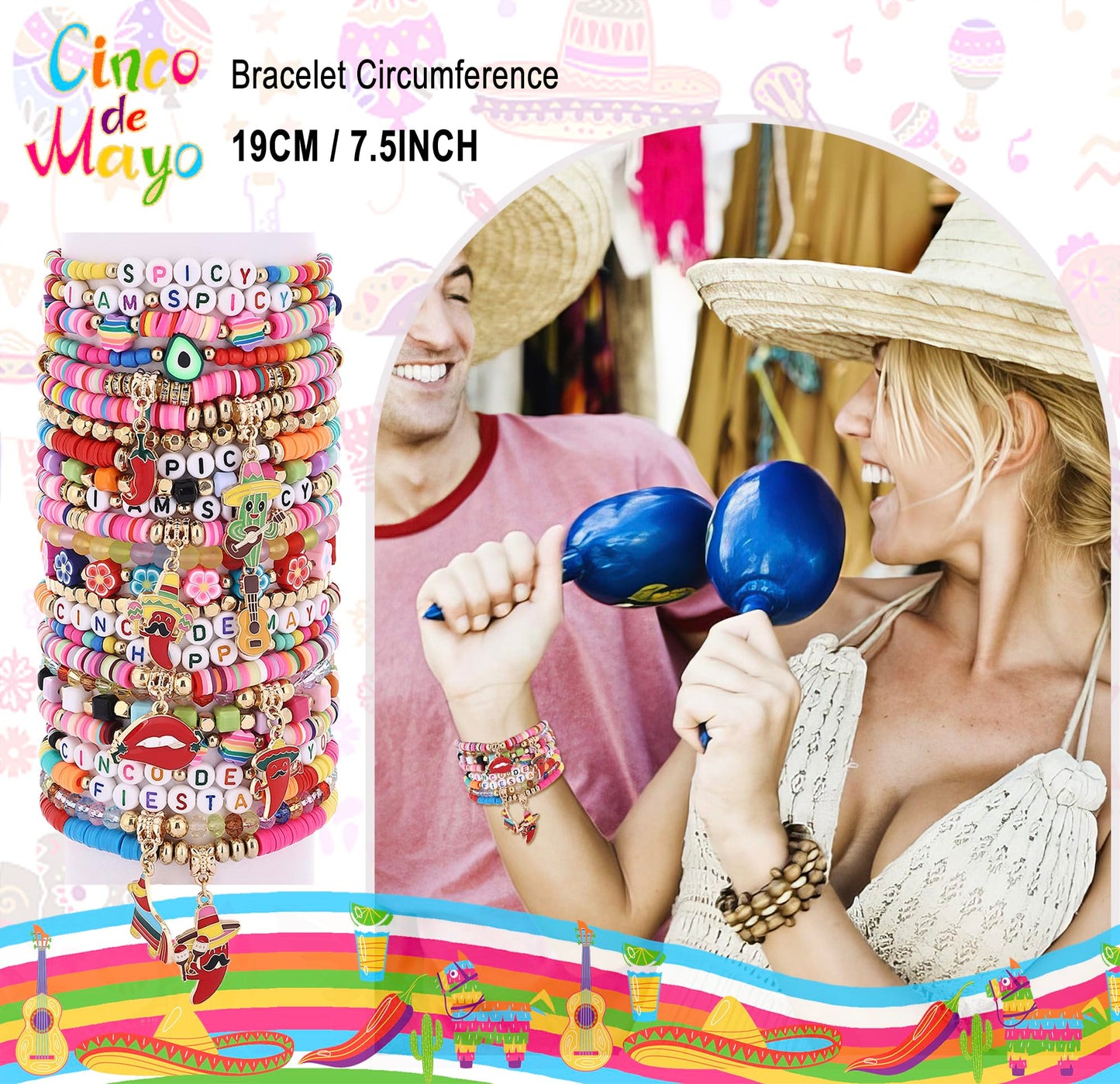 Taouzi Mexican Bracelets Cinco De Mayo Bracelets for Women Mexican Jewelry Cinco De Mayo Jewelry Handmade Elastic Stackable Clay