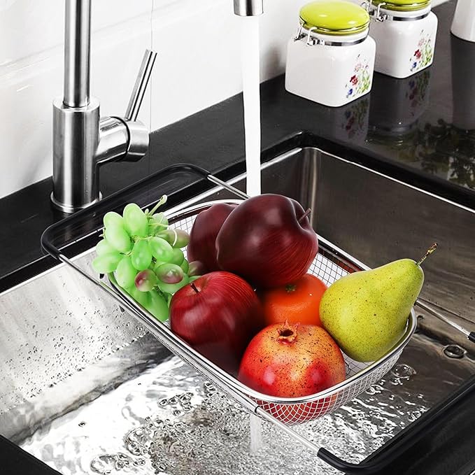 ZDRongZhen Kitchen Accessories Over the Sink Colander Strainer Basket,Stainless Steel Colander with Expandable Rubber Grip Sink Drainer-Rinse Vegetables Fruits &Strain&Drain (Medium-grid)