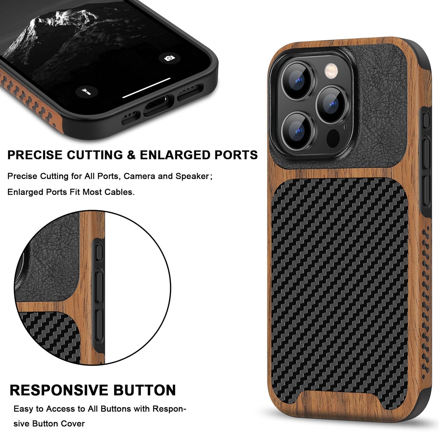 Tendlin Magnetic Slim Case Compatible With Iphone 15 Pro Max Black | Wood Grain, Carbon Fiber Texture Design, Leather, Hybrid, C