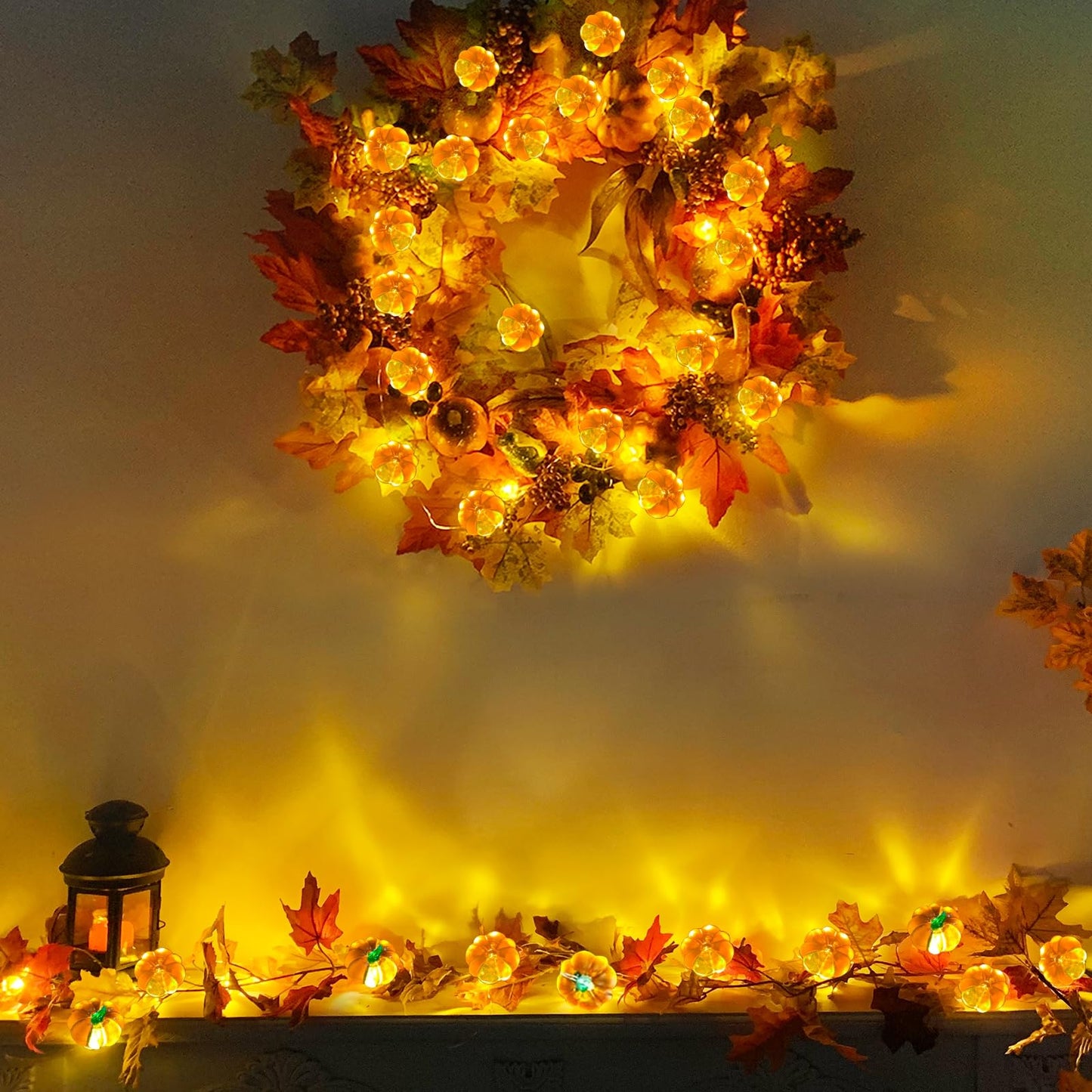 TURNMEON 3D Fall Pumpkin String Lights, 40LED, 20ft, Battery Operated, Warm White, Indoor Halloween Decorations, 2 Pack