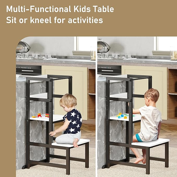 Kitchen Step Stool for Toddlers, Height Adjustable Toddler Tower with Safety Rail, Steel and Wood Toddler Kitchen Stool Helper Kids, Stool for Kids, Learning Tower, Kids' Desk White