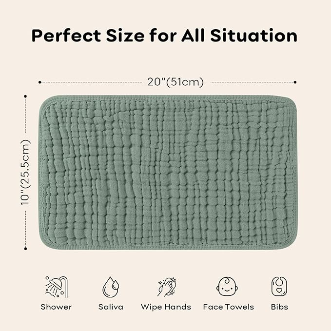 Looxii Muslin Burp Cloths 6 Pack - 20" x 10" - Ultra Soft & Absorbent, 6-Layer 100% Cotton for Spit Up & Drool- Gentle Baby Burping Cloth, Newborn Boys Girls Essentials, Dark Green