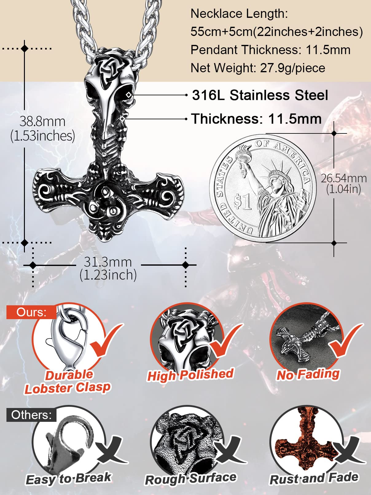 Viking Pendant Necklace, Thor's Hammer Necklaces for Men Stainless Steel Mjolnir Pendant Wheat Chain
