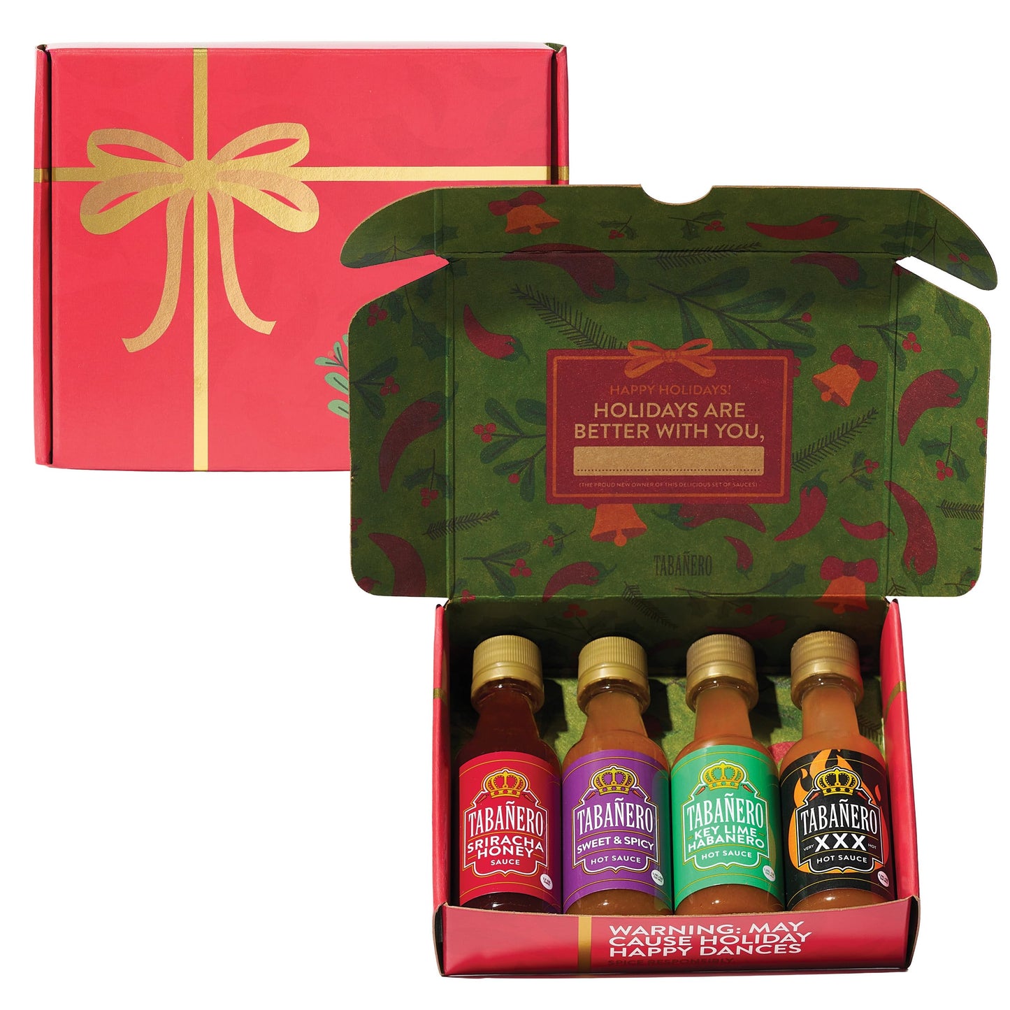 Mini Hot Sauce Gift Set by Tabaero Holiday Gift Box with Sriracha Honey Sweet and Spicy Key Lime and XXX Flavors 4-Pack 1.7oz Hot Sauce Bottles All Natural Gluten Free Low Sodium Kosher Made in the USA
