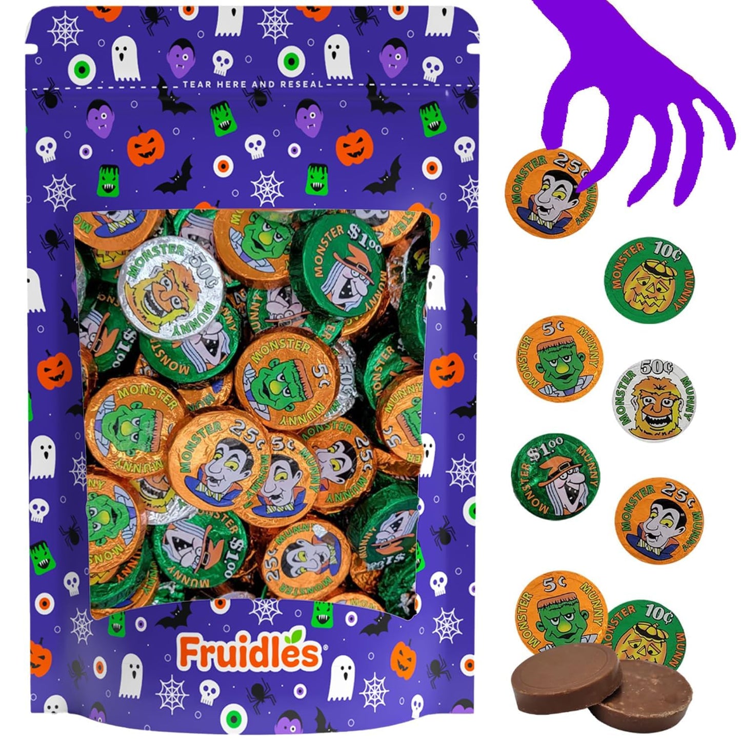 Fruidles Halloween Monster Money Coins Munny, Trick-Or-Treat Party Bag Fillers, Individually Wrapped in Orange, Green, Silver Co