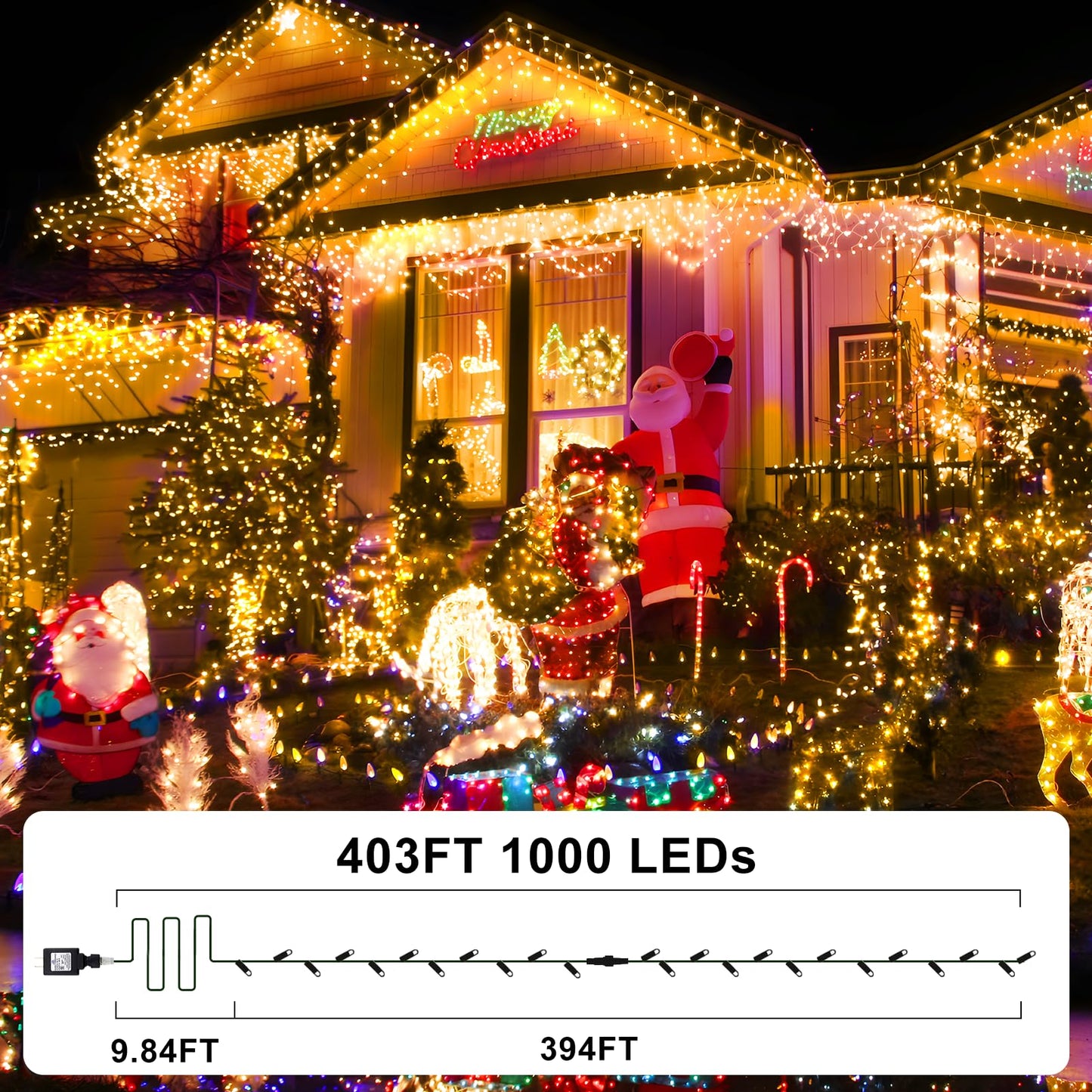 KNONEW 1000 LED String Lights, 403ft Dark Green Wire, Warm White, 8 Modes, Timer, Waterproof for Outdoor Christmas Decorations