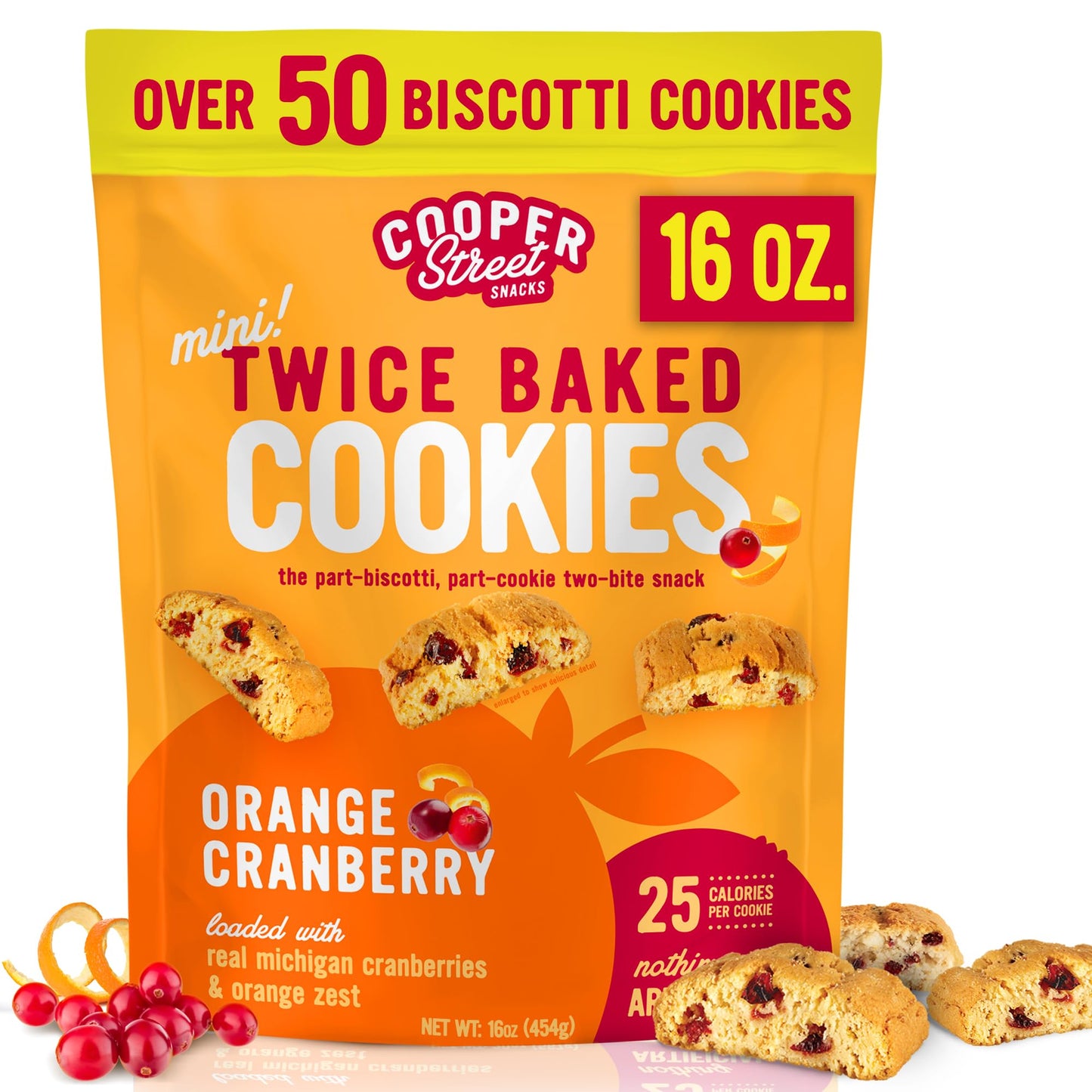 Cooper Street Twice-Baked Orange Cranberry Biscotti Cookies (16 oz) - Over 50 Biscotti per Bag Loaded with Real Fruit, Tradition