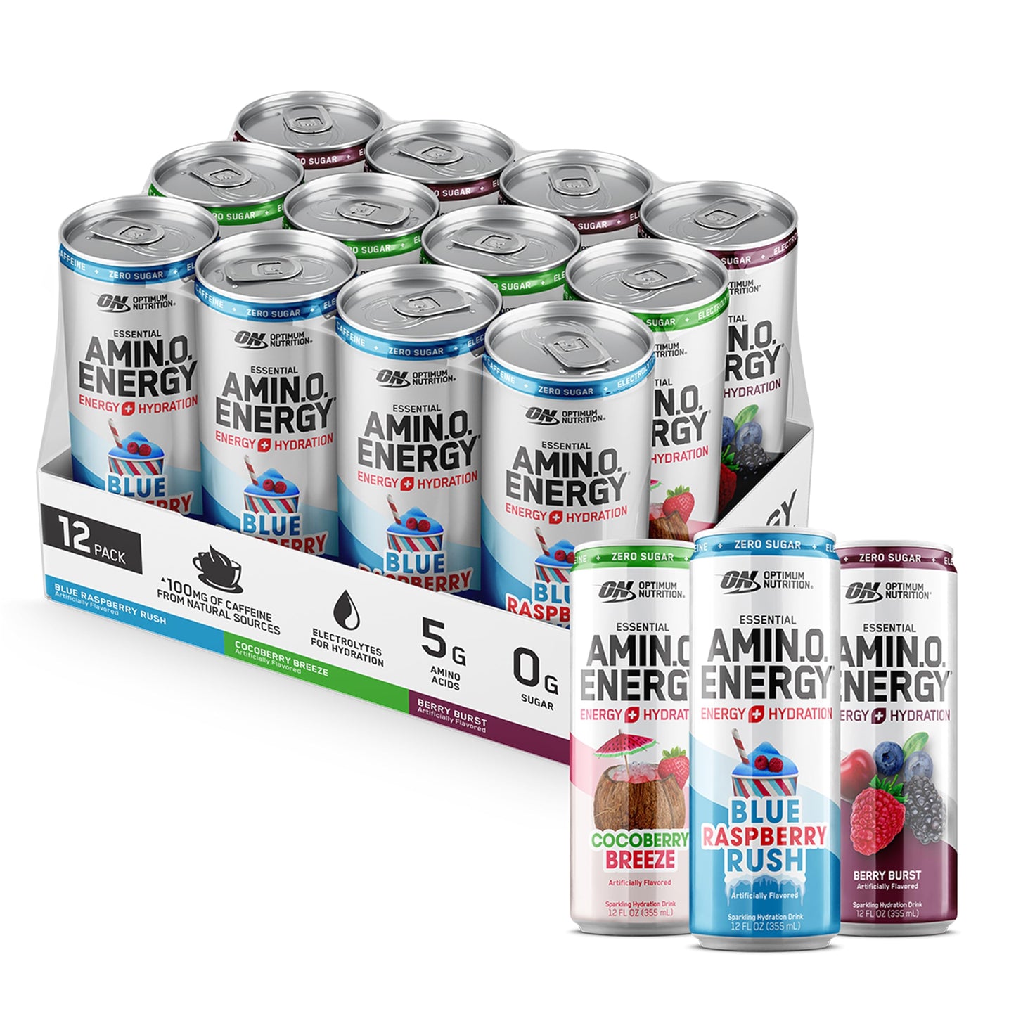 Optimum Nutrition Amino Energy Sparkling Hydration Drink Electrolytes Caffeine Amino Acids BCAAs Sugar Free 12 Fl Oz Berry Variety Pack of 12 (Packaging May Vary)