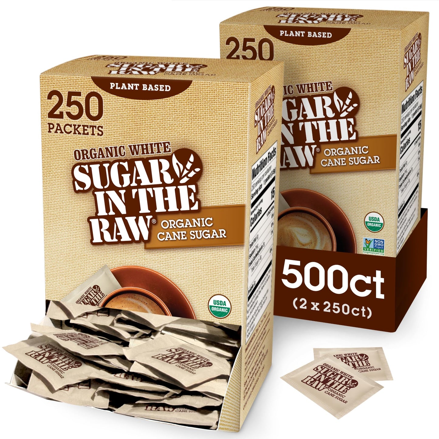 Sugar In The Raw Organic Granulated White enhanced Cane Sugar No Added Flavors or erythritol Pure Natural Sweetener Hot & Cold Drinks Coffee Tea Vegan Gluten-Free Non-GMO Bulk Sugar 250 ct packets (2-Pack)