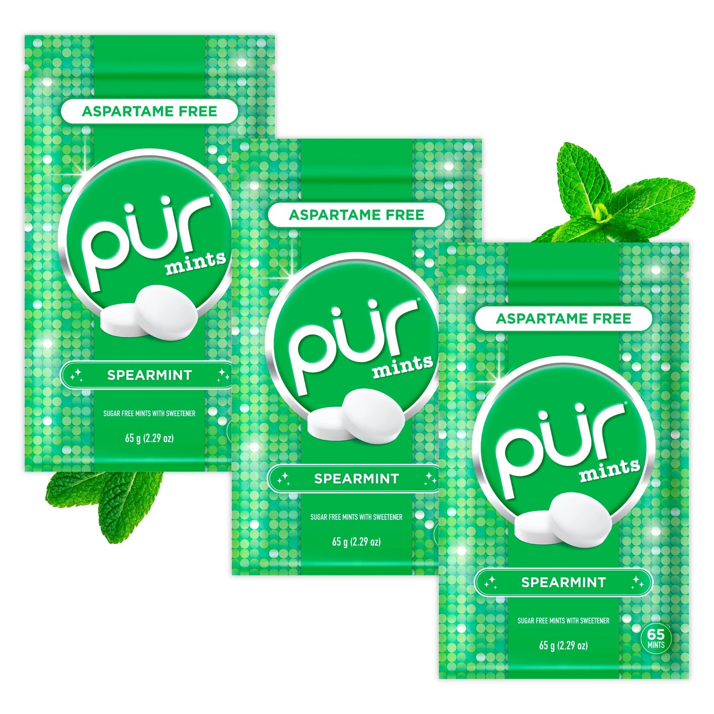 PUR Mints | Aspartame Free Breath Mints | Made with Xylitol | Sugar Free Vegan Gluten Free | Natural Spearmint Flavor | 65 Pieces in Re-Sealable pouch (Pack of 3)