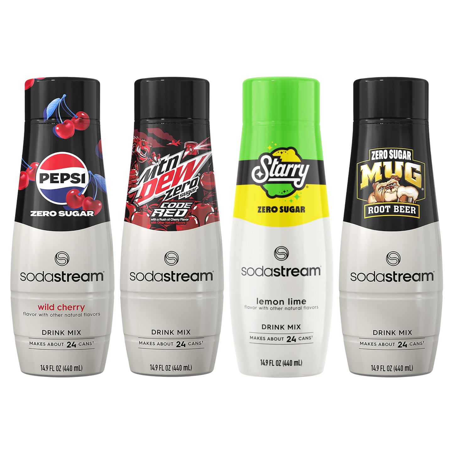 SodaStream Pepsi Wild Cherry MTN Dew Code Red Starry & Mug Root Variety Pack Zero Sugar 440ml Pack of 4