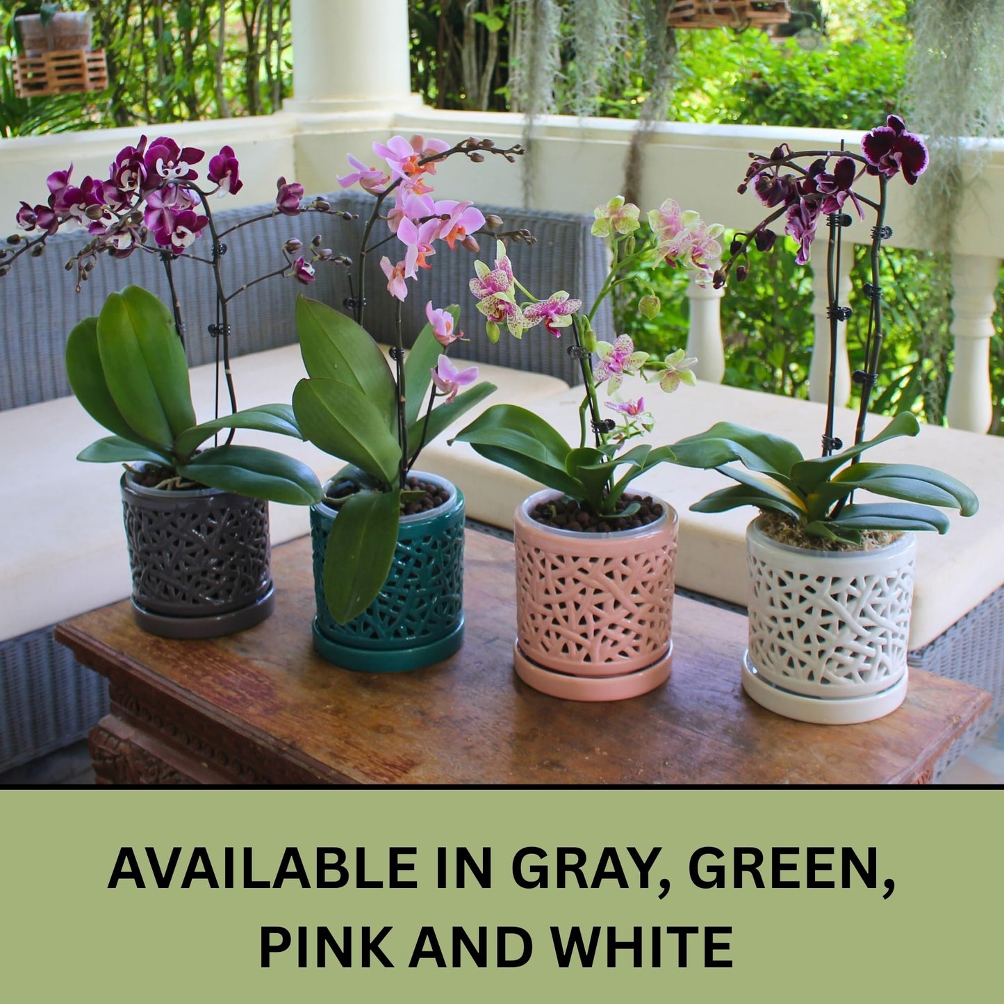 DESQUIGGLE Green Large Ceramic Orchid Pot with Holes, 6 Inches Wide, for Indoors or Outdoors with Woven String Cut Out Design, Orchid Planters, Orchid Gifts