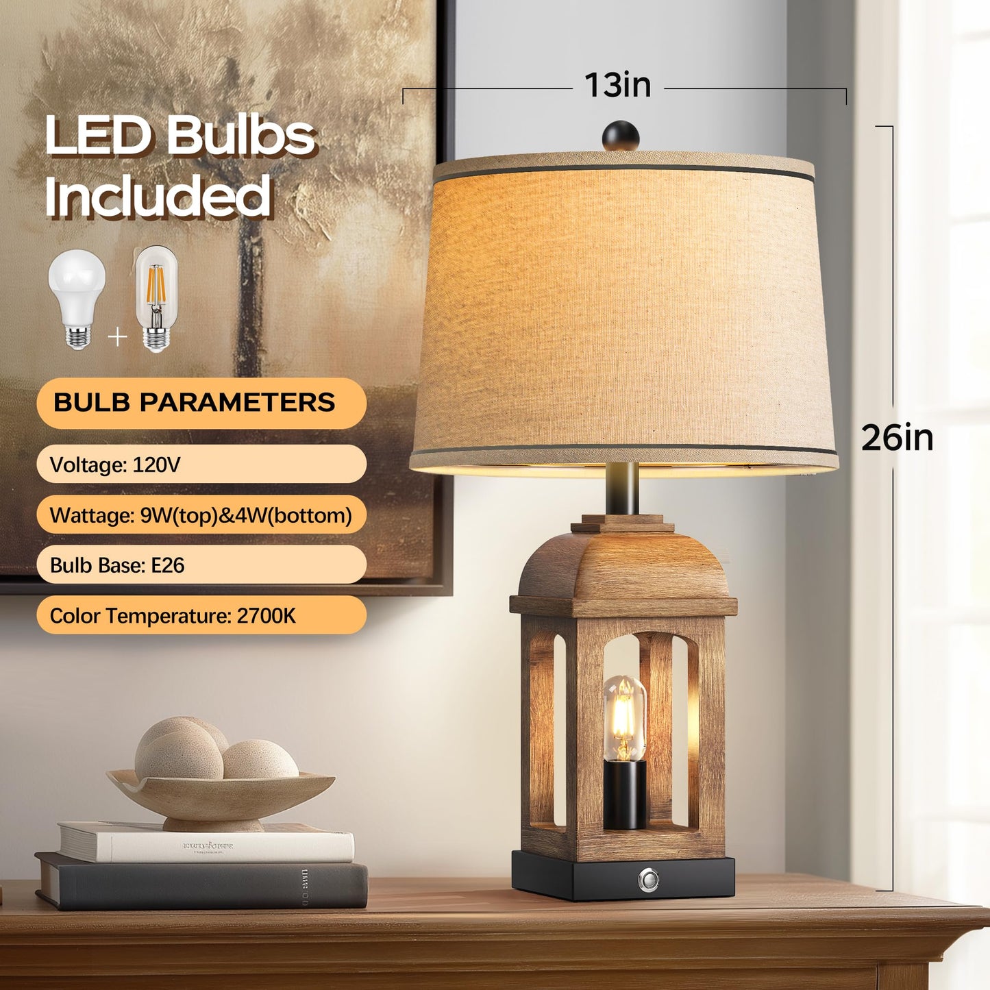 QiMH Table Lamp - Rustic 26in Nightstand Lamp with 3-Way Dimmable Touch Control, USB A+C, Wood Grain, 1 Pack