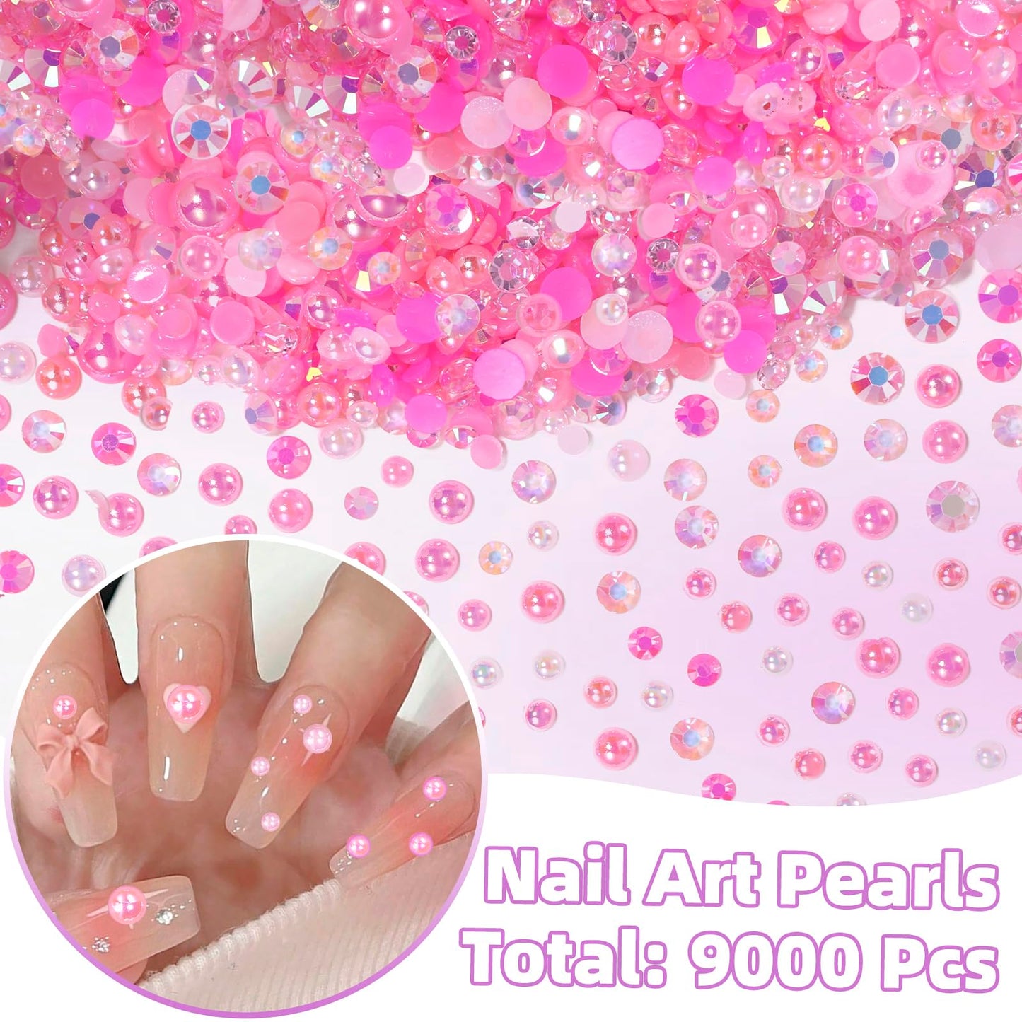 9000 Pcs Pink Colors Flatback Pearls and Rhinestones for Crafts, 3/4/5/6mm Jelly Resin Rhinestones, Mixed Size 3/4/6/8mm Half Pe