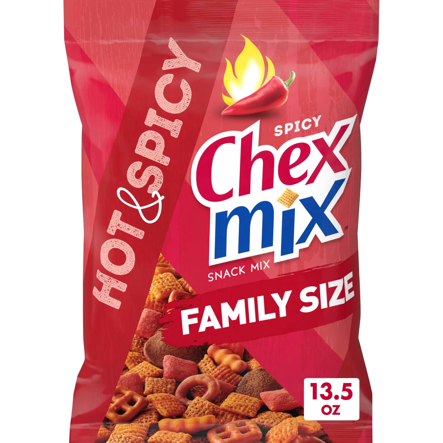 Chex Mix Hot and Spicy Savory Snack Mix Family Size Snack Bag 13.5 oz