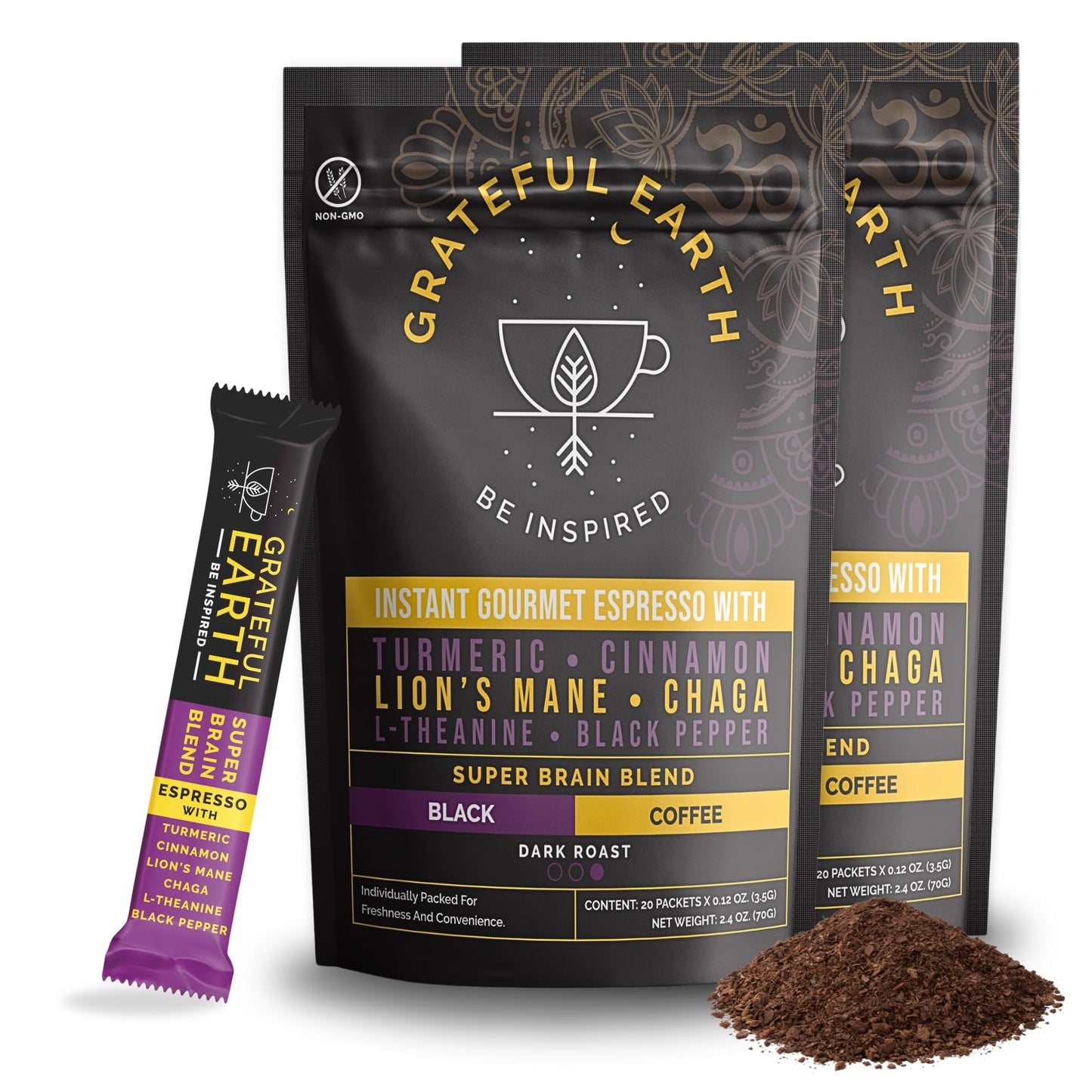 Grateful Earth Mushroom Coffee Espresso Instant Coffee with Cinnamon Turmeric Lions Mane Mushrooms L-Theanine Chaga Super Brain Blend Energy & Immune Support Dairy & Gluten Free 2 Bags 40 Ct
