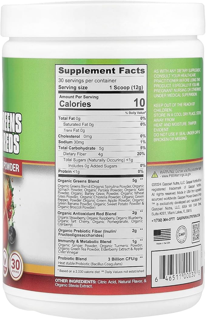 Gaspari Nutrition Greens and Reds: Organic Superfood Powder, Immune Support, Probiotics and Fiber, Vegan and Non-GMO (30 Servings, Mango)