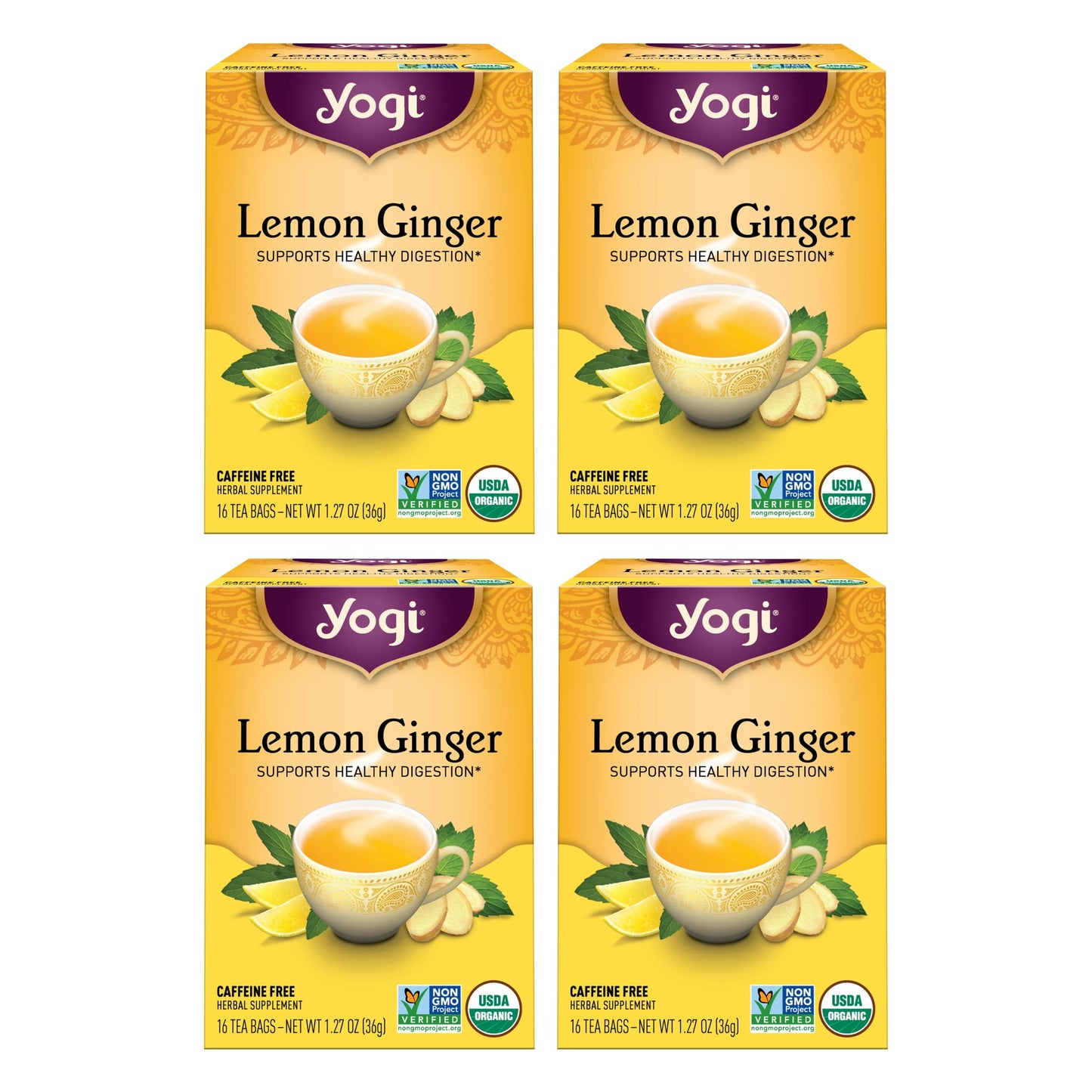 Yogi Tea Lemon Ginger Tea - 16 Tea Bags per Pack (4 Packs) - Organic Ginger Root Tea to Support Healthy Digestion - Includes Lem