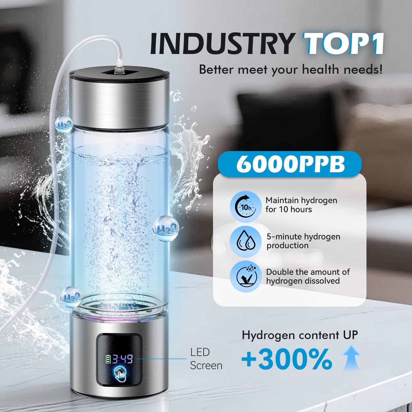 Upgrade 3-in-1 Hydrogen Water Bottle Generator with Display - Industry TOP - 24-Hour Hydrogen Lock | 0 Chlorine & 0 Ozone | 100% Leak-Proof Seal, Hydrogen Water Bottle Generator with Hydrogen Straw
