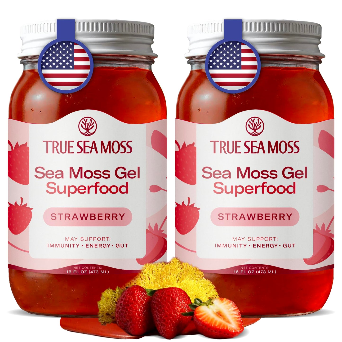 TrueSeaMoss Sea Moss Gel - Made in USA - Wildcrafted Seamoss Fresh Fruits & Jarred Vegetables - Strawberry Pack of 2 (Labels may Vary)