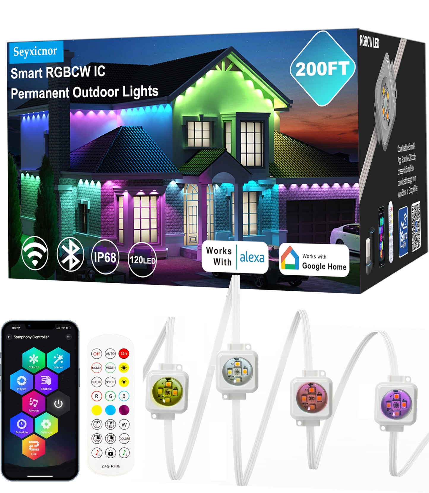 Seyxicnor RGBCW Permanent Outdoor Lights,108 Scene Modes Smart Outdoor Christmas Lights with Voice Remote APP Control, IP68 LED