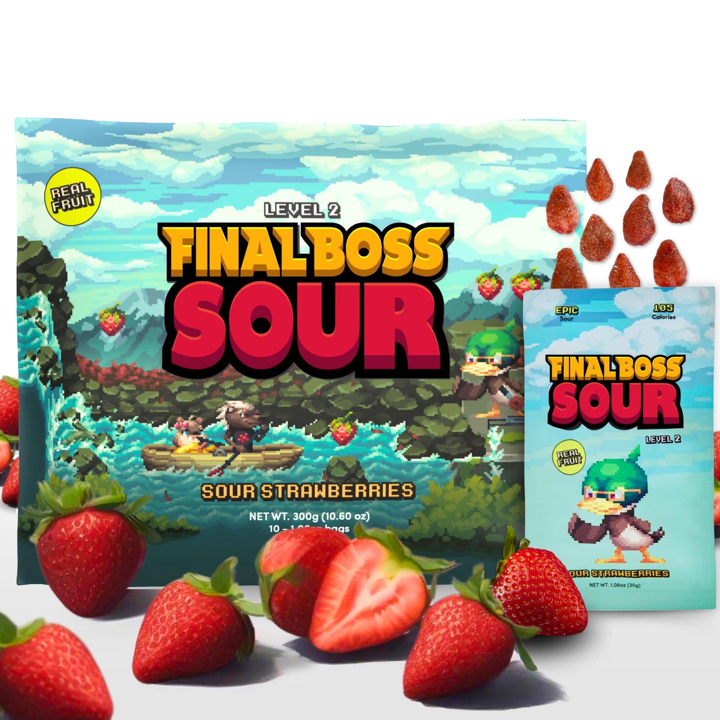 Final Boss Sour Candy Extremely Super Sour Gummy Candy Strawberry LvL 2 (1.06 Ounces Bags 10 Bags) - Gummies Made with Dried Fruit Free of Artificial Colors Low Calorie Healthy Snack for Kids & mature-themeds