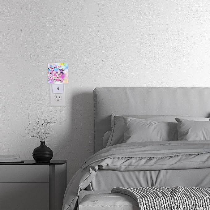 Cherry Blossoms Night Light,Humming Bird Night Lights Plug into Wall for Boys Girls Bedroom Decorative Half Round Nightlight Led Lamp 0.5W Sleep Friendly