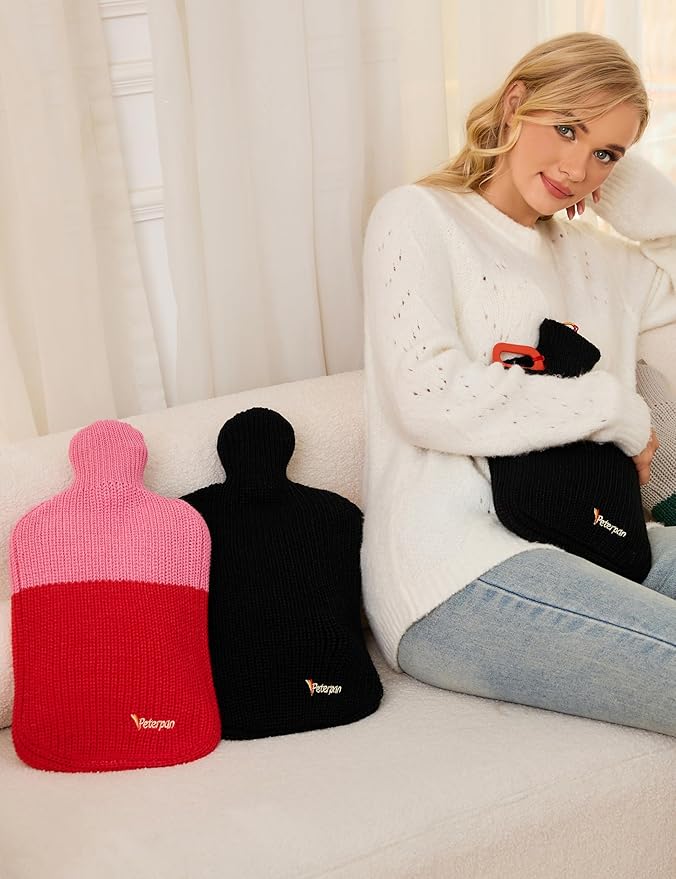 Peterpan Knit Rubber Hot Water Bottle with Wool Blend Cover, Size: XXX-Large, Hot Water Bottles for Pain Relief, BPA & PVC Free, 100 Fl Oz Capacity, Original, Wool Blend Hot Water Bottle, Pink & Red