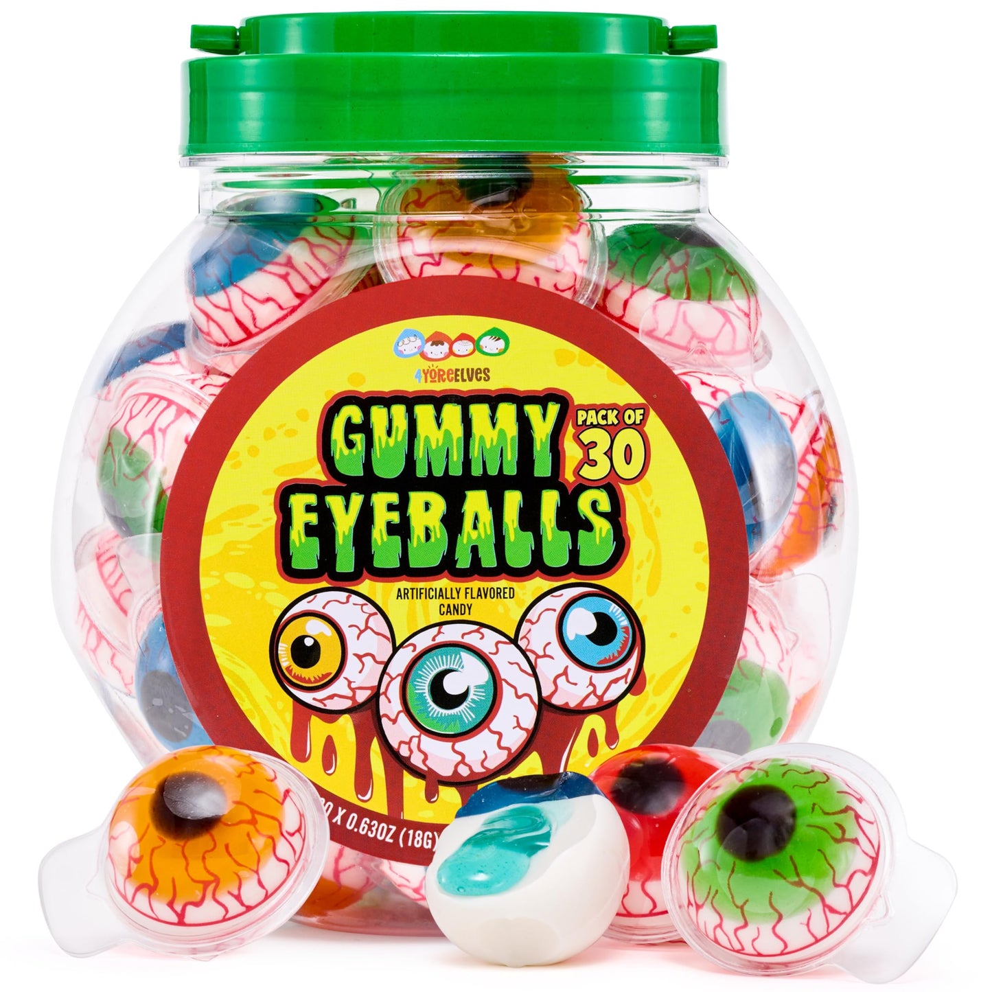 30 Gummy Eyeballs Spooky Halloween Eyeball Candy in 4 Flavors Soft Gummies with Jelly Filling Individually Wrapped By 4YoreElves (19 oz)