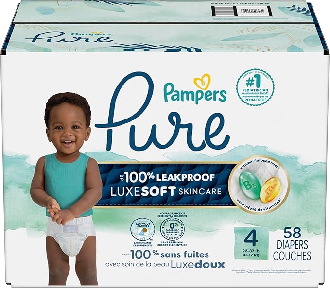 Pampers Pure Protection Baby Diapers, Size 4 (22-37 lbs), 58 Count, Up to 100% Leakproof, Premium Plant-based Skin Protection, Hypoallergenic Soft Diapers