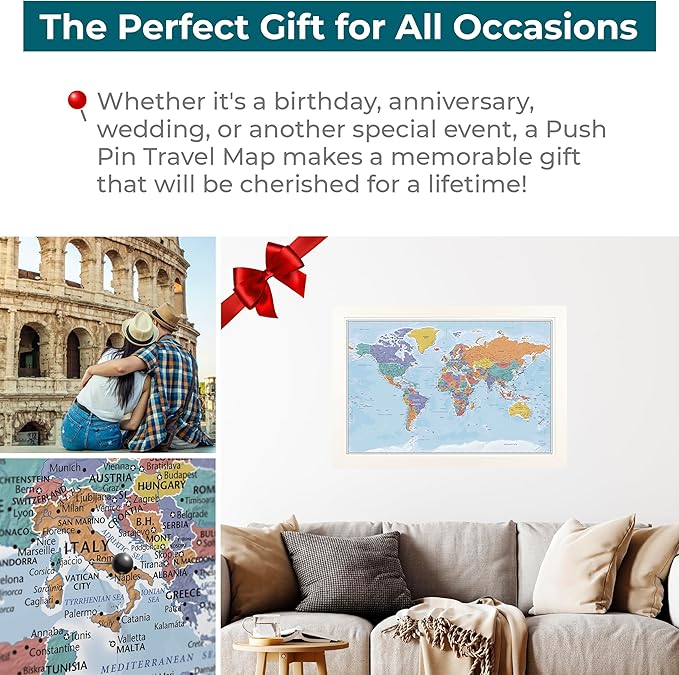 Canvas - Personalized Blue Oceans World Push Pin Travel Map with Textured White Frame