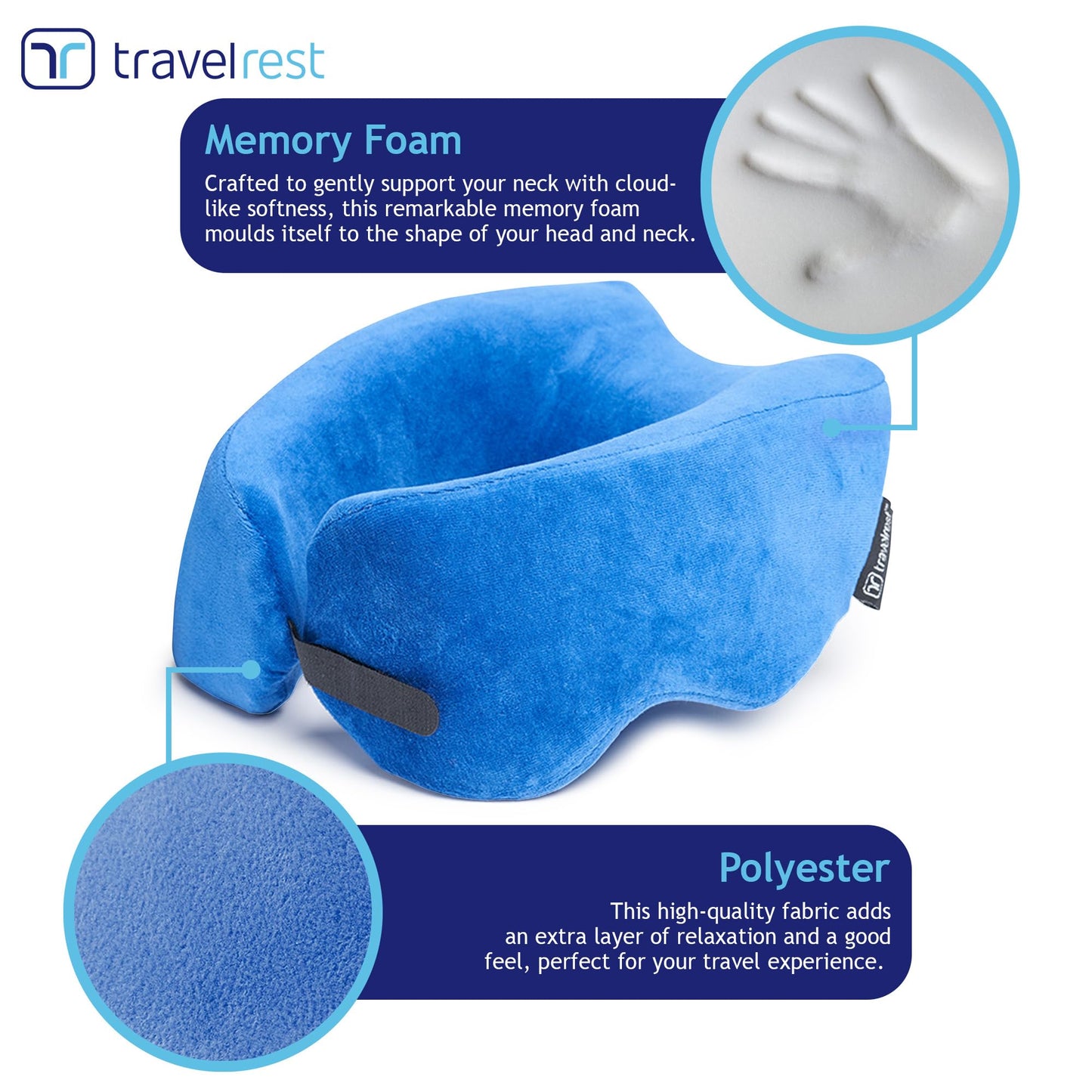 TRAVELREST Nest Memory Foam Travel Pillow/Neck Pillow 2-Pack - Advanced Neck Support for Long Flights - Patented Design for Optimal Relaxation - Long Travel - Machine Washable - Blue & Grey