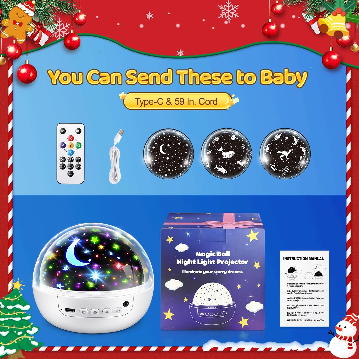 Coolnight Christmas Room Decor 93 Lighting+3 Films Christmas Projector Christmas Stuff Remote+Dimmable+360?Slient Nightlight For Baby Nursery Christmas Room Decorations Moon Projector (White)