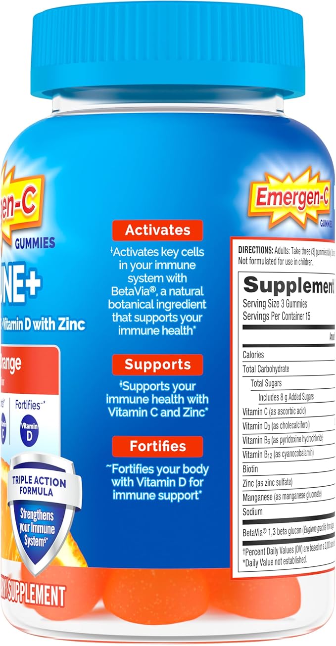 Emergen-C Immune+ Immune Gummies, Vitamin D plus 750 mg Vitamin C, Immune Support Dietary Supplement, Caffeine Free, Gluten Free, Super Orange Flavor - 45 Count