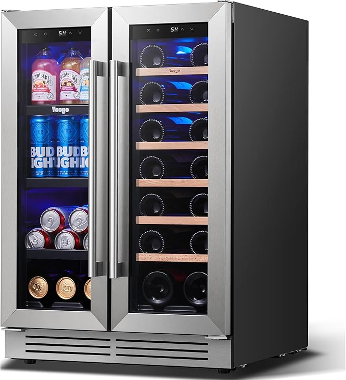 Yeego Wine and Beverage Refrigerator, 24" Dual Zone Upgraded Wine Beverage Cooler Built-In or Freestanding Wine Fridge with Glass French Door,Large Capacity Beer Fridge Holds 20 Bottles & 60 Cans