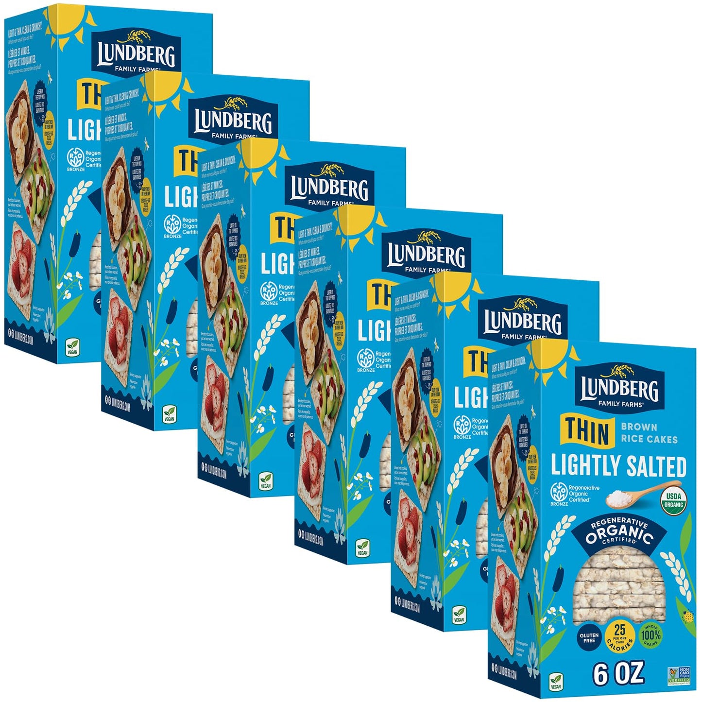 Lundberg Thin Brown Rice Cakes Lightly Salted 6-Pack - Regenerative Organic Certified Healthy Snacks Vegan 6 Oz Ea