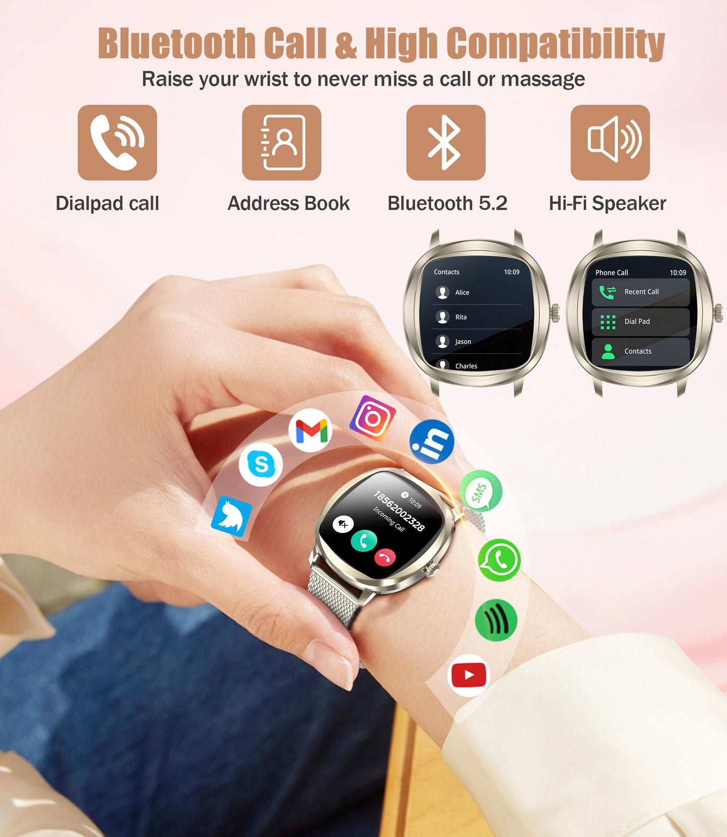 Women's Smart Bracelet/Smart Watch, 1.72-inch Display, IP68 Waterproof Sport Bracelet, One-Touch Bluetooth Calling, Fitness Tracker with Health Monitor (Champagne Gold)