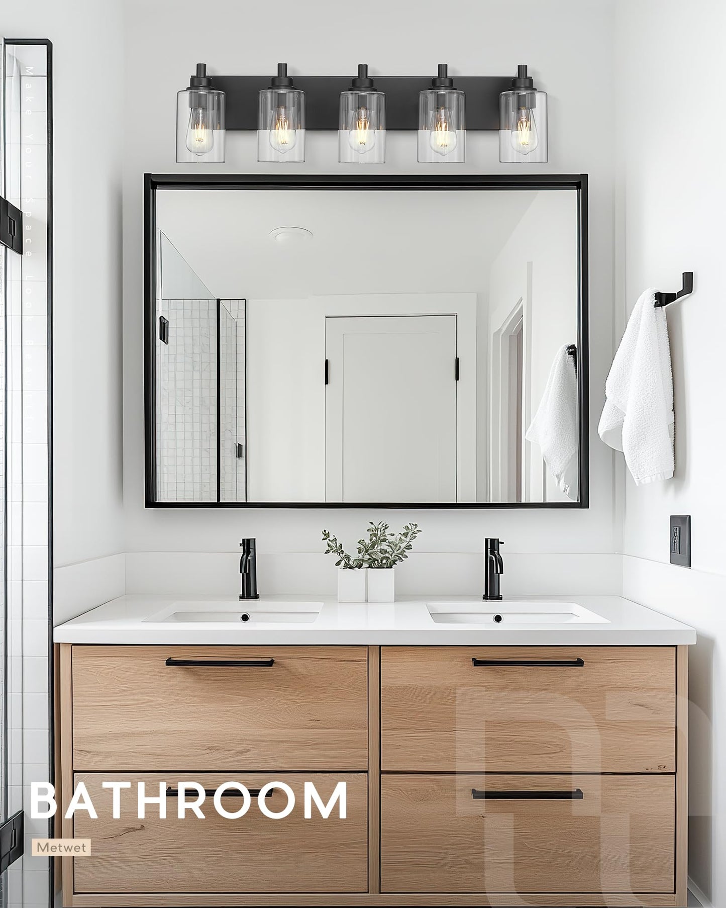 Metwet 5-Light Bathroom Light Fixtures 30 Inch Black Vanity Light With Cylinder Clear Glass Shade Modern Vanity Lighting Fixtures Over Mirror Vl143-Mb-5