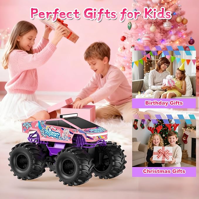 Remote Control Car for Girls,1:18 Pink Monster Truck Toys Amphibious RC Cars, 2.4 GHz Waterproof RC Trucks, 4WD All Terrain Off-Road Pickup, Girls Toys for 6-12 Year Old Kids Christmas Birthday Gifts