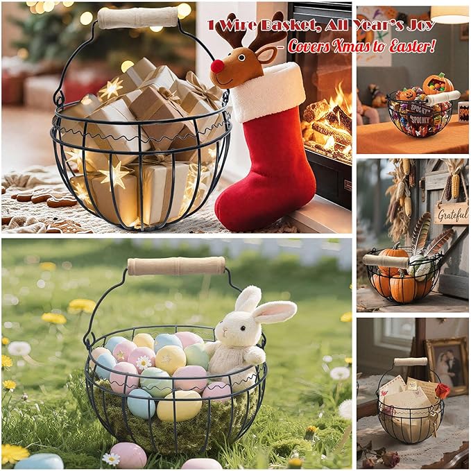 Wire Egg Basket for Gathering Fresh Eggs, Vintage Chicken Egg Collecting Basket with Handle, Farmhouse Egg Storage Container Countertop,Black, Ventilated Design, Easter Christmas Kitchen Decor