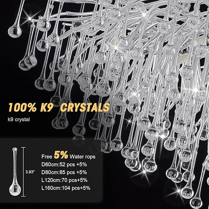 Modern Chandeliers,47.24in Rectangular Crystal Chandelier Chrome, 13-Light Farmhouse Raindrop Chandelier Pendant Light Fixture for Living Room, Kitchen Island 13-Light