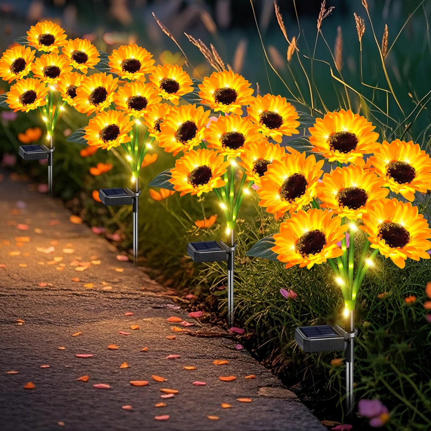 Solar Christmas Sunflower Lights Outdoor Decor - 4 Pack with 24 Sunflower Outdoor Lights Waterproof,Solar Flowers Lights for Pat