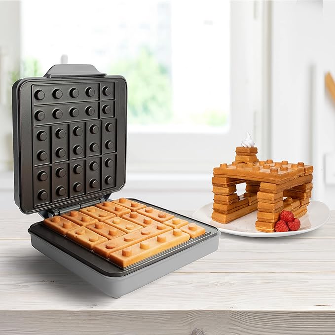 Building Brick Electric Waffle Maker- GREY with 2 Construction Eating Plates- Cook Fun Buildable Gingerbread Man Waffles in Minutes- Revolutionize Breakfast - Stack & Build on Serving Dishes Xmas Gift