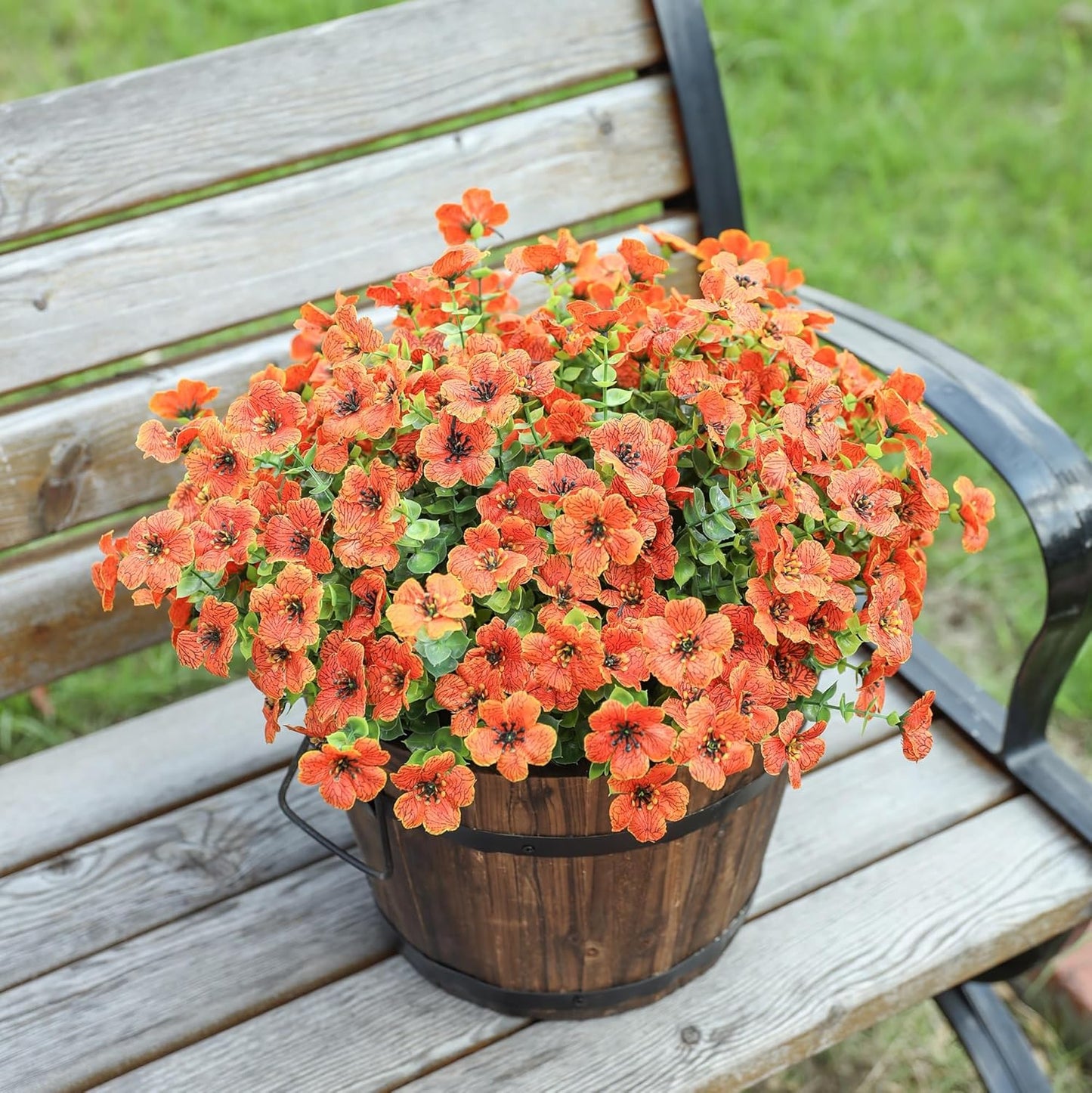 Artificial Fall Flowers Faux Mums for Outdoor Indoor Garden Home Decoration, Faux Flower Daisy with Eucalyptus Leaves Fake Mums Plants Greenery Boxwood Porch Patio, 12 Bundles (Orange)