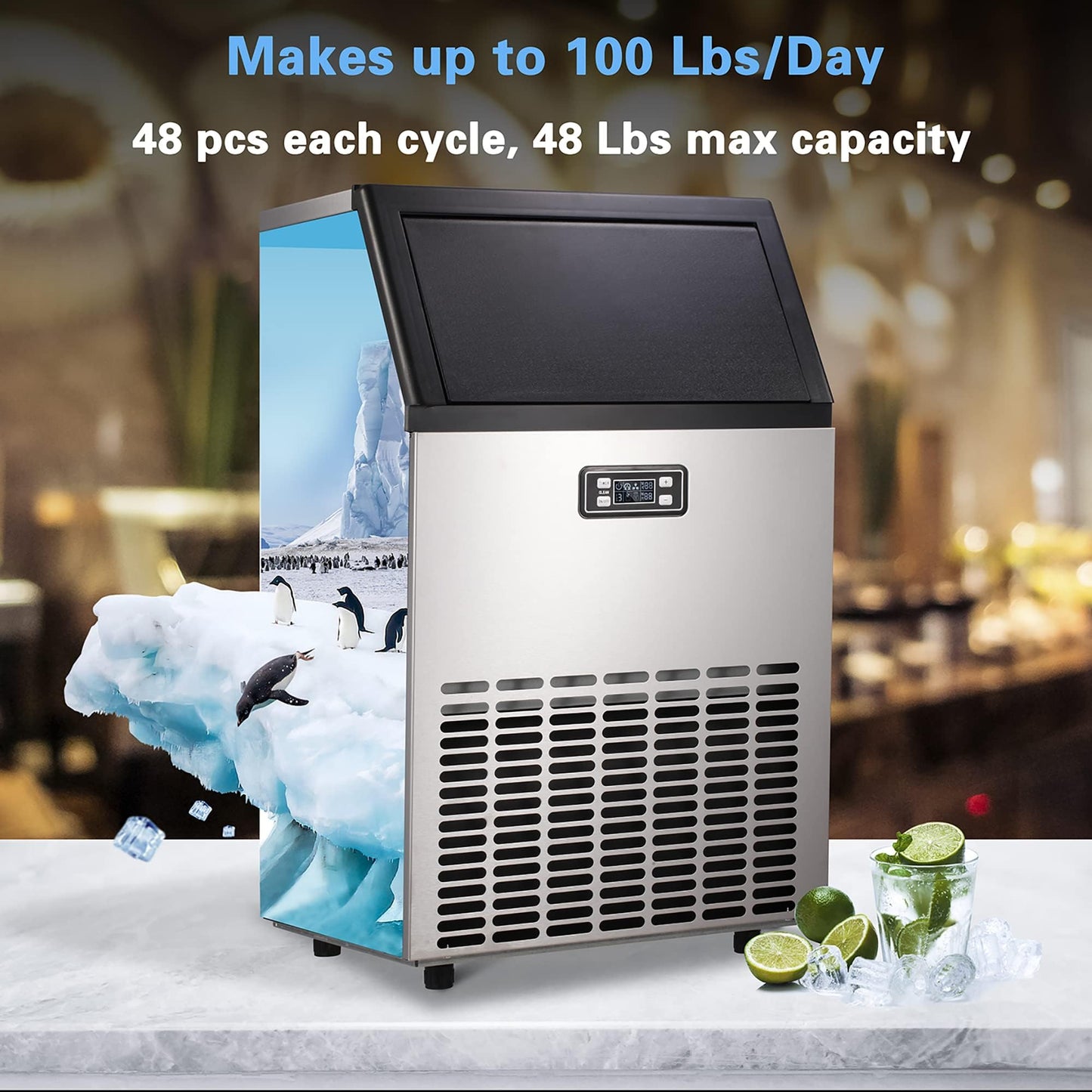 Commercial Ice Maker Machine, 100lbs/24H Stainless Steel Ice Machine with 33lbs Storage Capacity, Auto Self-Cleaning Freestanding Ice Maker, Ice Machine Freestanding for Bar/Cafe/Restaurant