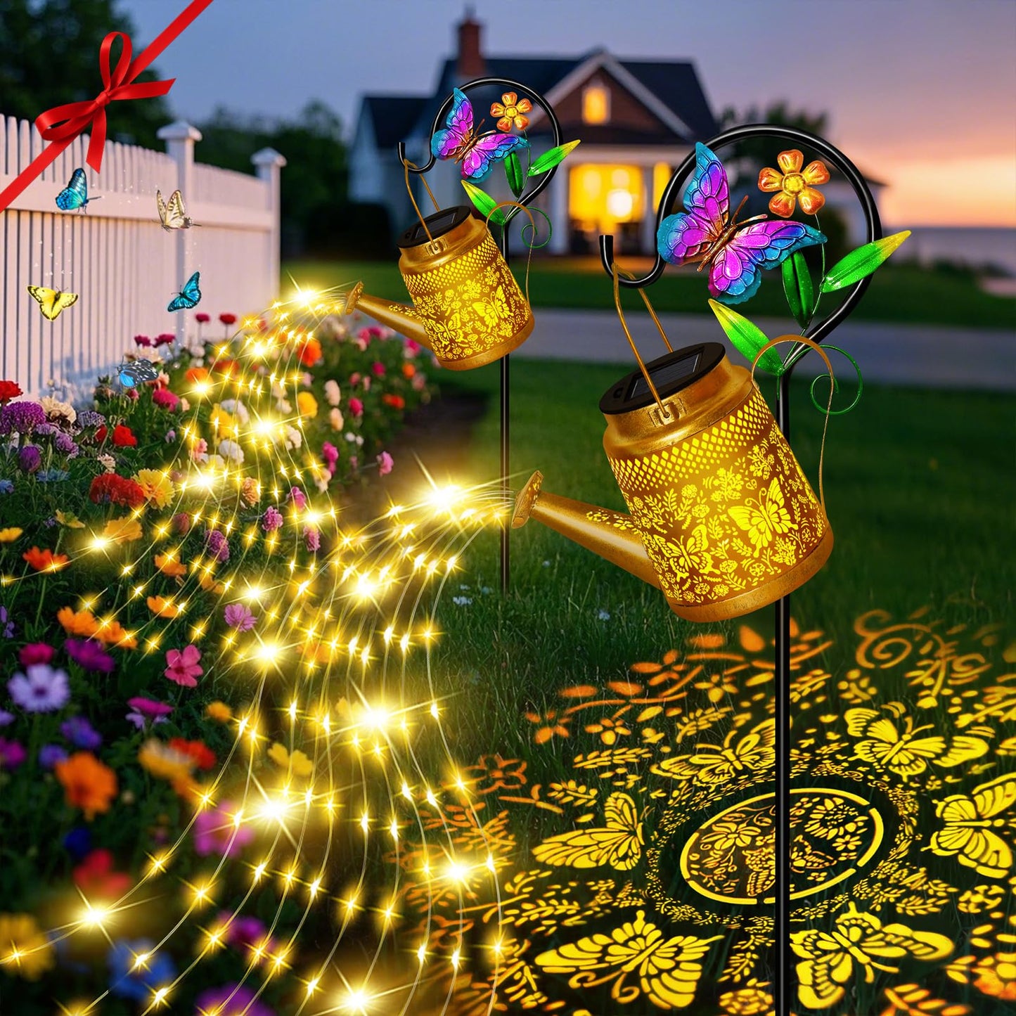 Christma Gifts Butterfly Solar Watering Can Lights, Outdoor Waterproof Garden Lanterns with Shepherd Hook, Solar Garden Decor fo