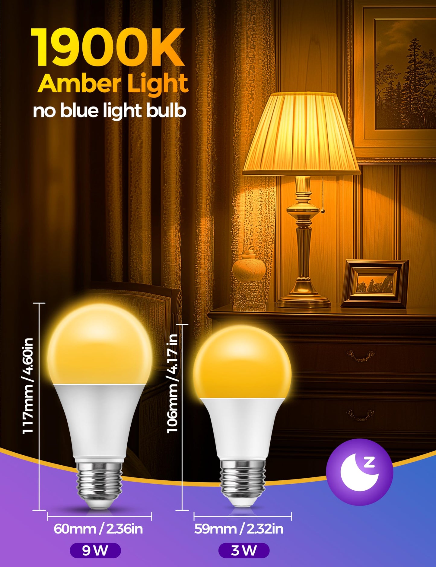 JandCase Amber Light Bulbs for Healthy Sleep, 3W Warm Light Bulbs Blue Light Blocking, Low Watt Light Bulbs 40W Equivalent, E26 A19 Dim Light Bulbs for Lamp, Bderoom, Mood Soothing, Nursery, 2 Pack