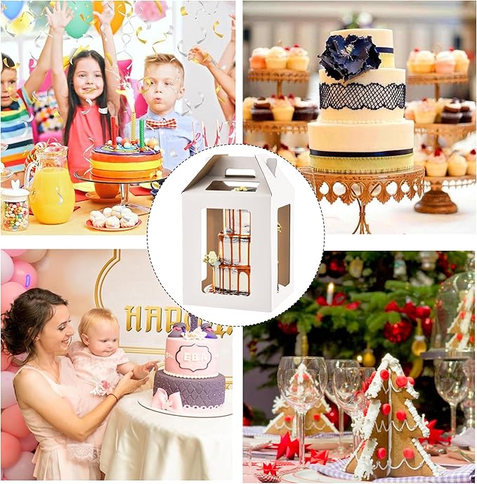 Tall Cake Box with Windows, 10x10x12 & 12x12x14 inches, Large Tiered Cake Boxes,Cake Carrier Container Set for 10 & 12 inch Cakes, White, 2 Pack