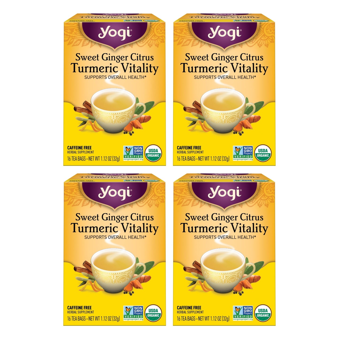 Yogi Tea Sweet Ginger Citrus Turmeric Vitality - 16 Bags per Pack (4 Packs) - Organic Ginger & Turmeric Root Tea - Supports Well