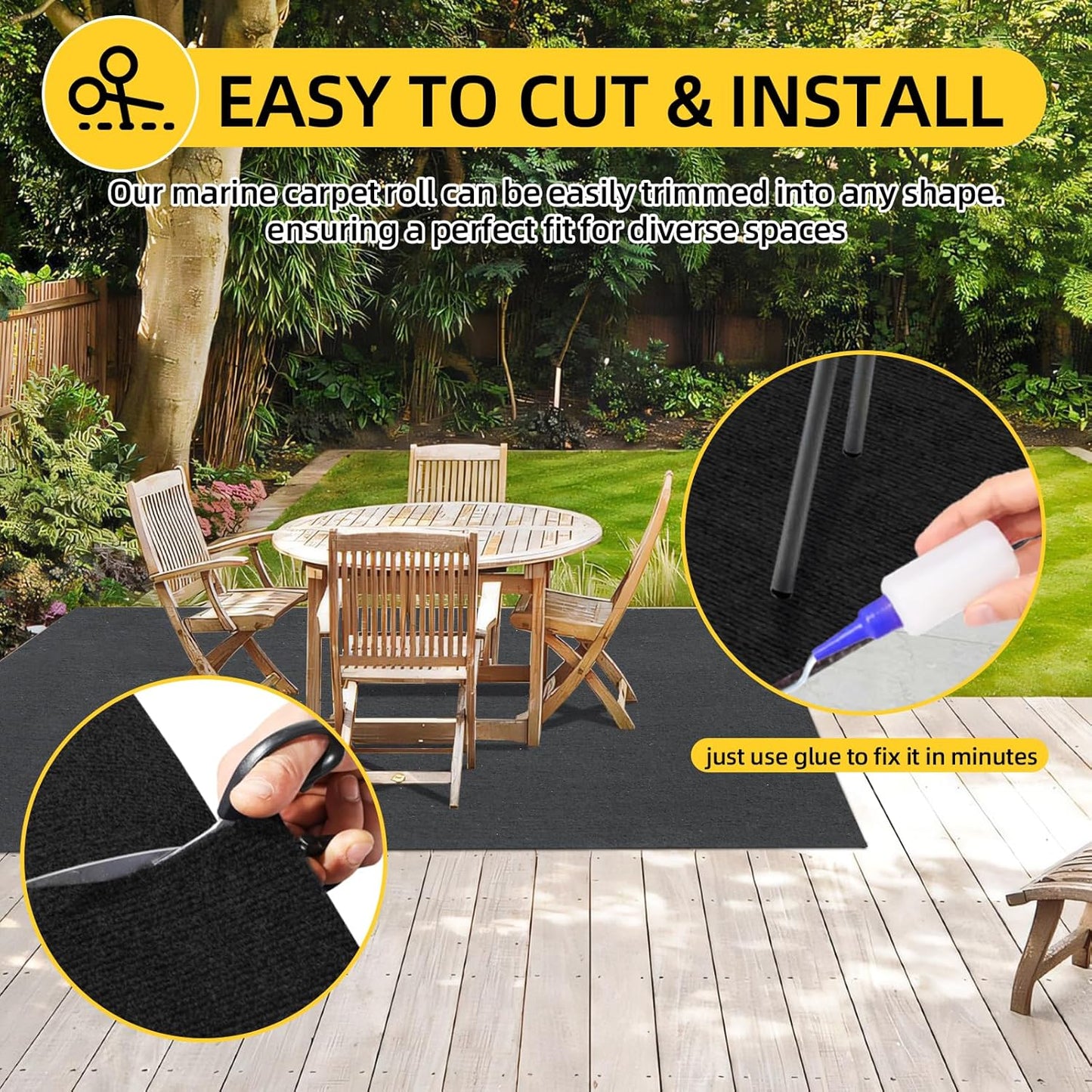 Marine Carpet, 5 FT x 25 FT Black Indoor/Outdoor Rug, 0.2" Thick, Non-Slip, Waterproof